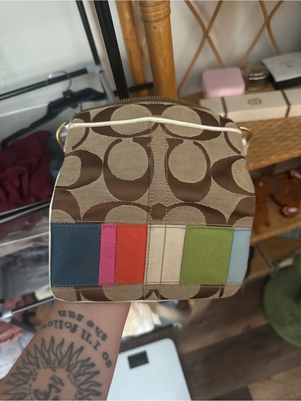 Coach Mini Crossbody in Brown Signature Canvas with Multicolor Stripe